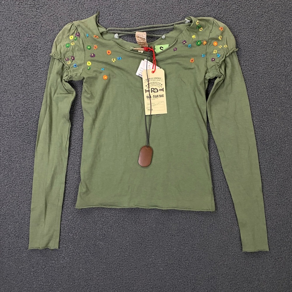 Da Nang Top Womens Small Avocado Crop Stretch Jersey Lace Up Embroidered Y2K